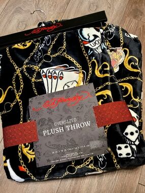 Ed Hardy Black, Gold & White Oversized Plush Throw with Tattoo Motifs